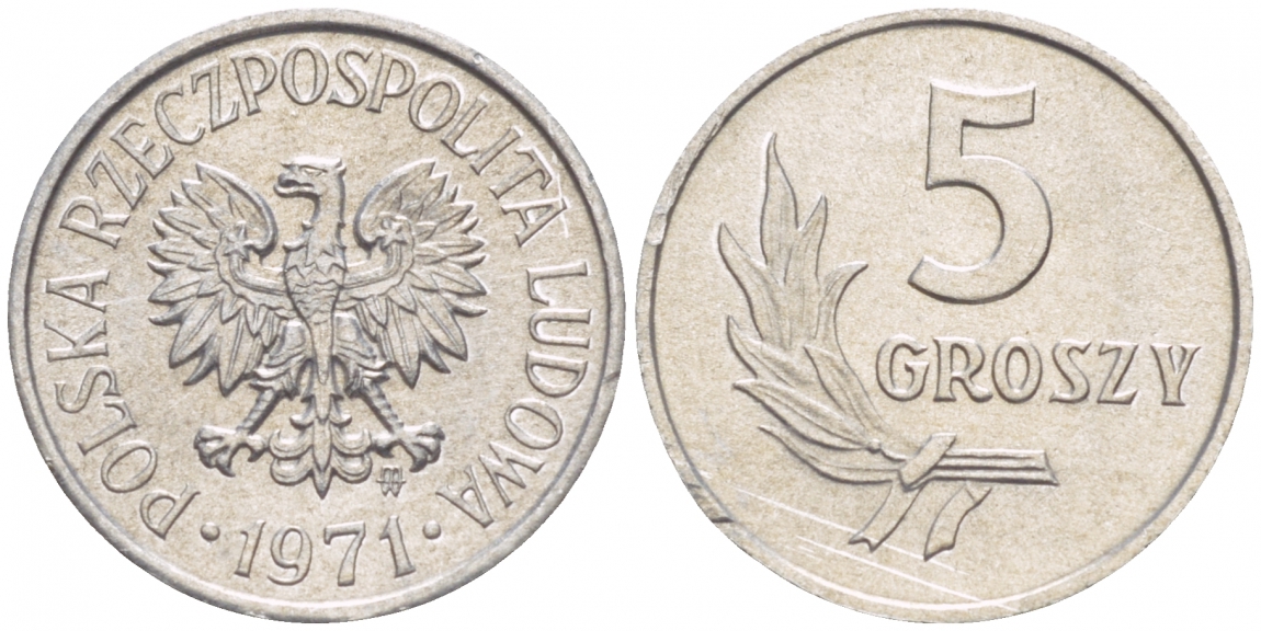 ПОЛЬША 5 ГРОШЕЙ 1971 MW KM А46 алюминий UNC 4549-114