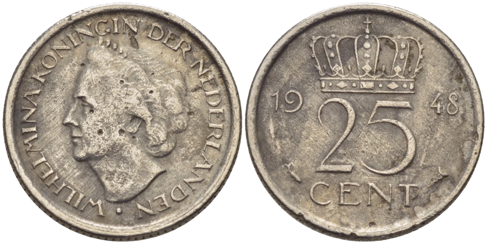 НИДЕРЛАНДЫ 25 ЦЕНТОВ 1948 ВИЛЬГЕЛЬМИНА KM 178 никель 66-434