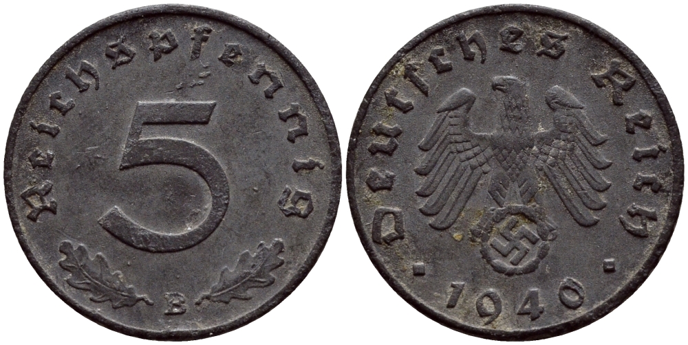 ГЕРМАНИЯ 5 РЕЙХСПФЕННИГОВ 1940 B, KM 100, J. 370 цинк 4387-1259