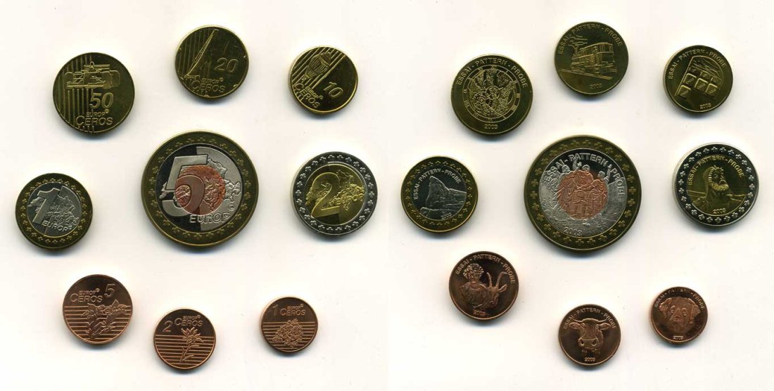 ШВЕЙЦАРИЯ ЕВРОНАБОР ИЗ 9 МОНЕТ (С 5 ЕВРО) ND PROBA, ПРОБНИКИ PROOF 4-2-8