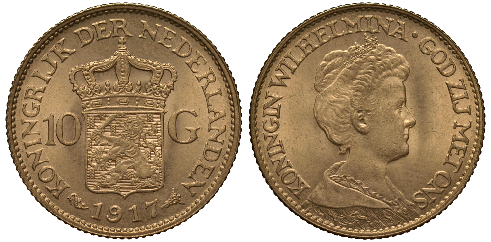 Нидерланды 10 гульденов 1917 Вильгельмина KM 149 золото UNC 00-000-00
