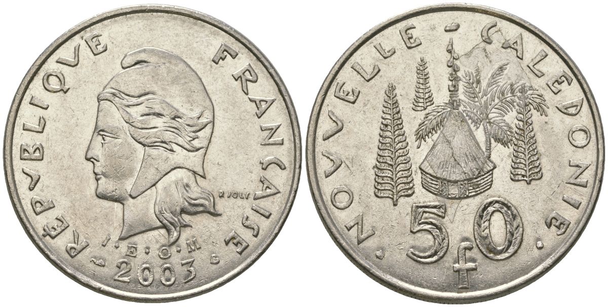 Французская Новая Каледония 50 франков 2003 хижина среди сосен и пальм, (IEOM) KM 13, Schoen 15, Lec 121 никель 111-636