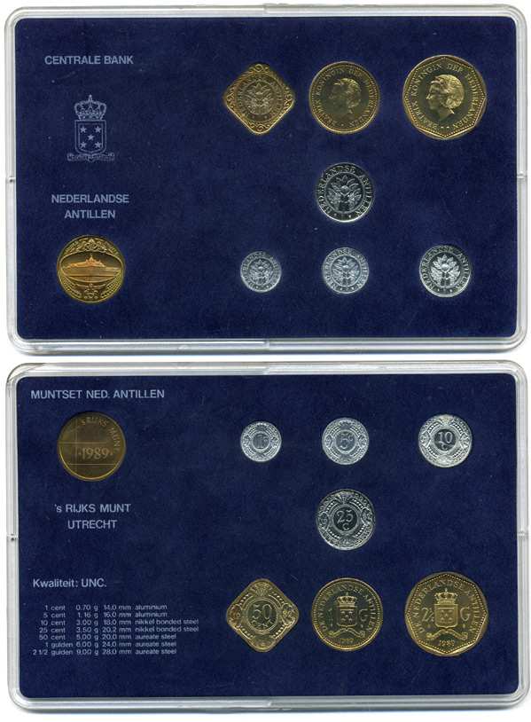 Нидерландские Антилы набор из 7 монет (1 цент - 2 1/2 гульдена) + жетон мондвора 1989 в пластике, Беатрикс (1980-2013), мондвор Утрехт UNC 5-4-3-81