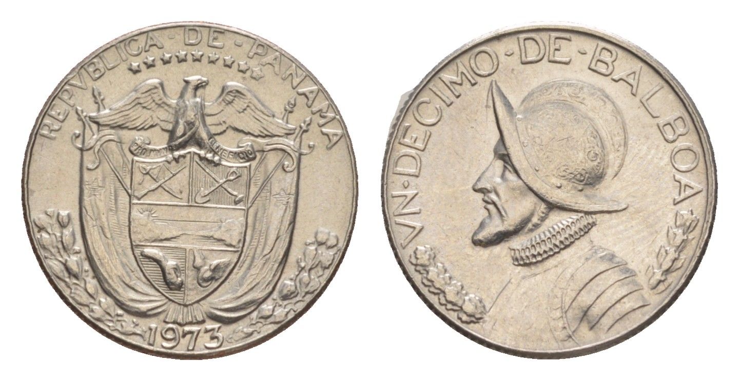Панама 1/10 бальбоа (10 сентесимо) 1973 KM 10 медь плакированная медно-никелем UNC 4644-139