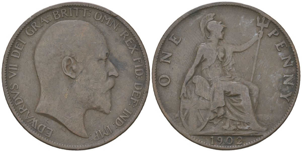Великобритания 1 пенни 1902 Эдуард VII (1901-1910) KM 794.2, Spink 3990 бронза 221-1226
