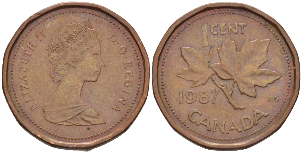 Канада 1 цент 1987 Елизавета II (1952-2022), кленовый лист KM 132 бронза 54-729