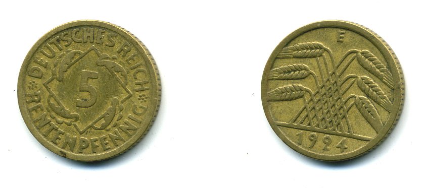 ГЕРМАНИЯ 5 РЕНТЕНПФЕННИГОВ 1924 E, KM 32, J. 308 алюминиевая бронза 54-428