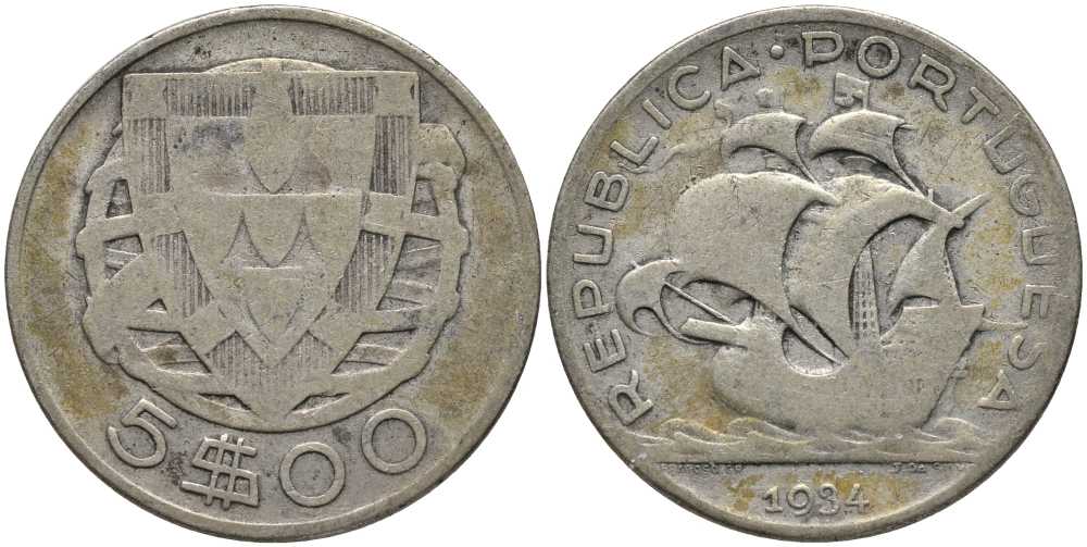 Португалия 5 эскудо 1934 КМ 581 серебро 202-416