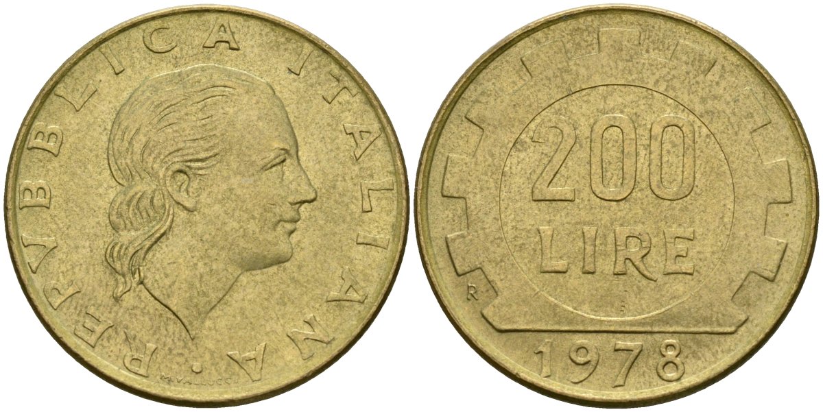 Италия 200 лир 1978 R, шестерня KM 105 алюминиевая бронза 4171-952