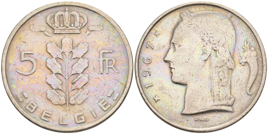 Бельгия 5 франков 1967 Belgie, Бодуэн I (1951-1993) KM 135.1 медно-никель 68-645