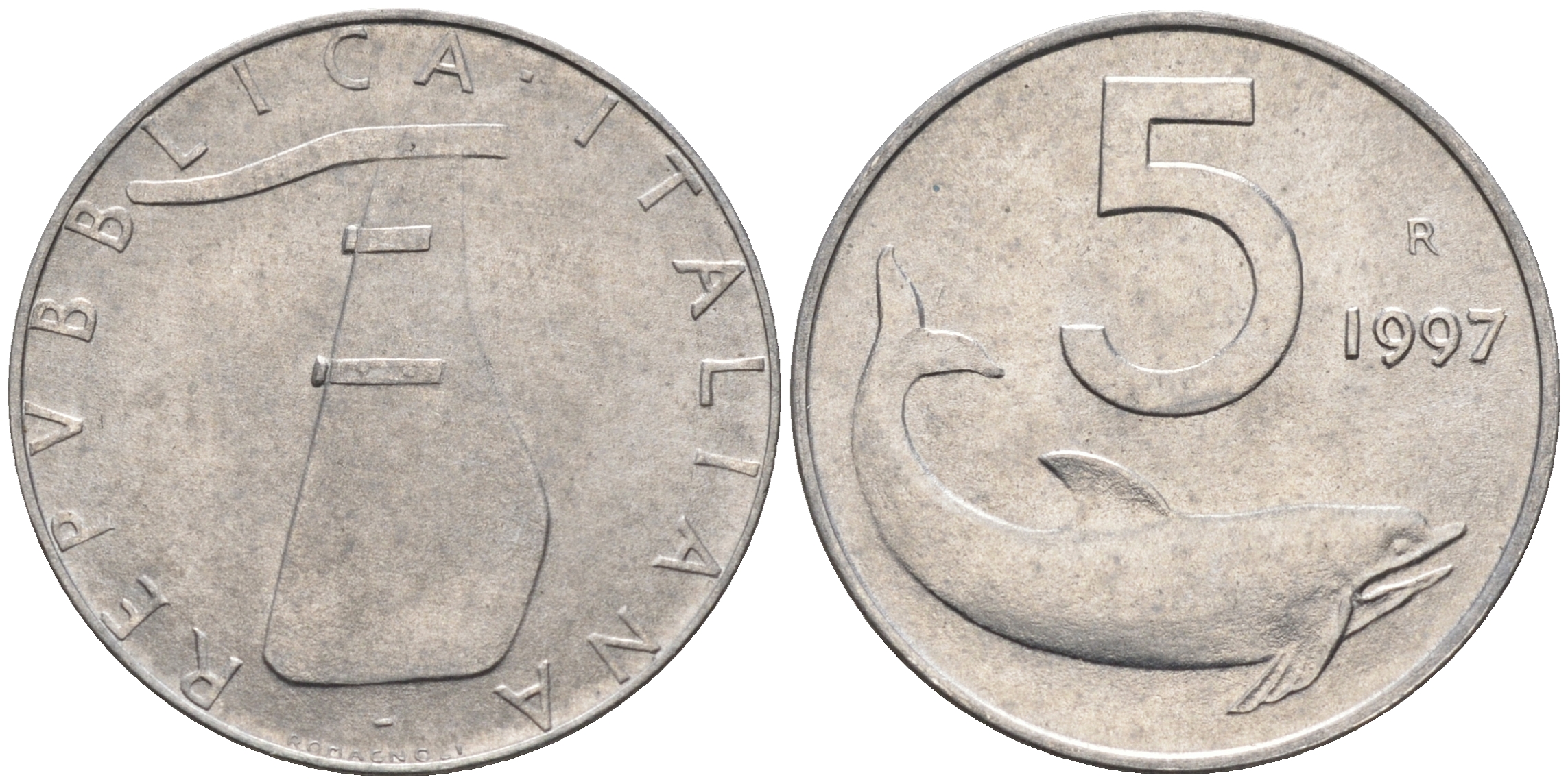 Италия 5 лир 1997 R, дельфин KM 92 алюминий  UNC  4594-664