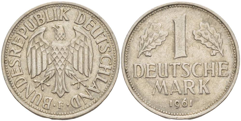ФРГ 1 МАРКА 1961 J KM 110, J. 385 медно-никель 4551-1244
