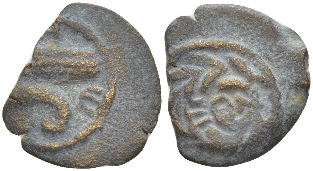 Иудея, династия Ирода 1/2 прута 4 г. до н.э.-6 год Ирод Архелай, прора / легенда в венке, Иерусалим Hendin 1197 медь 1073-21-97