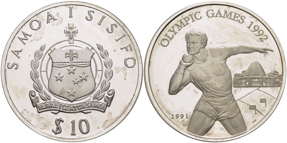 Самоа 10 тала 1991 XXV Олимпийские игры в Барселоне 1992 года, толкание ядра KM 82 серебро PROOF 04-302-33