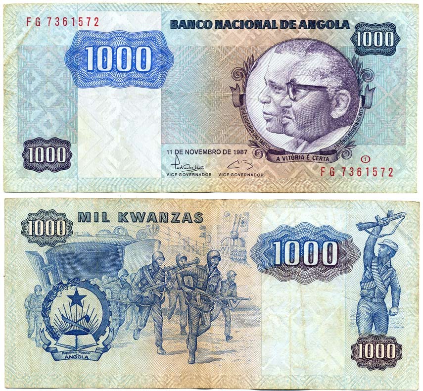 АНГОЛА 1000 КВАНЗА 1987 11 НОЯБРЯ 1987 Pick 124 бумага 6299-43-1-1