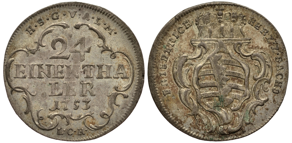 САКСЕН-ГОТА-АЛЬТЕНБУРГ 1/24 ТАЛЕРА 1753 LCK, KM 16, Steguweit 244 серебро 413-2422