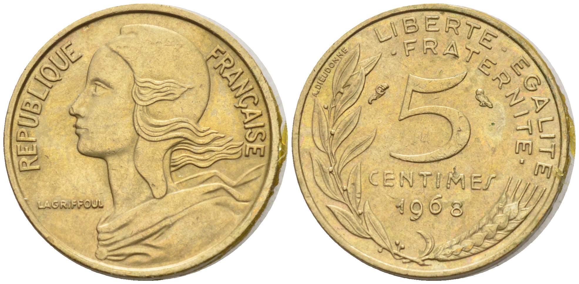 Франция 5 сантимов 1968 тип Марианна KM 933 никель алюминий медь    4594-1125