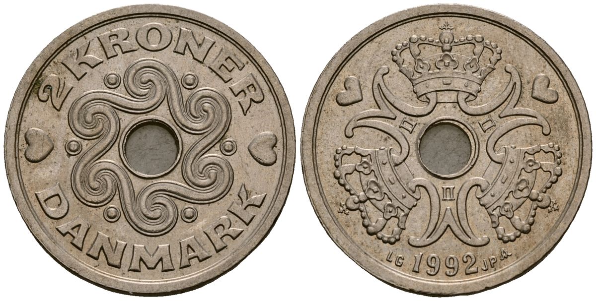 Дания 2 кроны 1992 Маргрете II (1973 - 1988) KM 874 медно-никель 4176-536