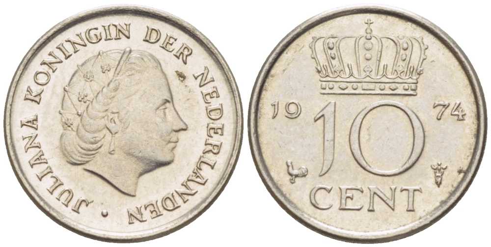НИДЕРЛАНДЫ 10 ЦЕНТОВ 1974 ЮЛИАНА (1948-1980) KM 182 никель 116-541