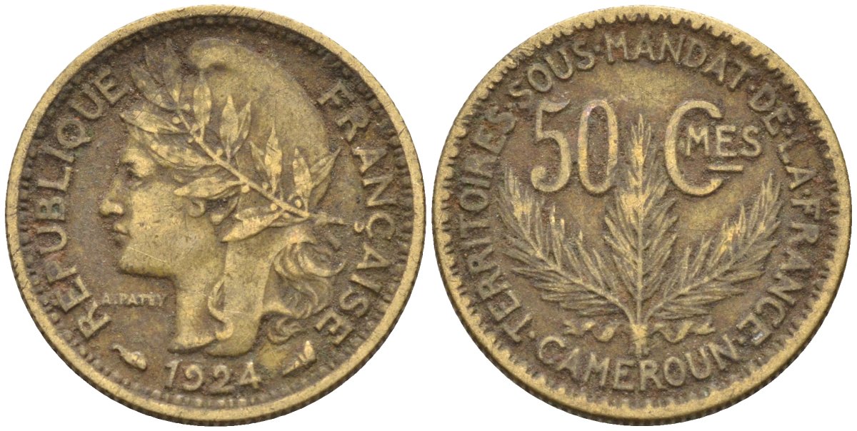 Французский Камерун 50 сантимов 1924 (а), монетный двор Париж KM 1 алюминиевая бронза 4164-1166