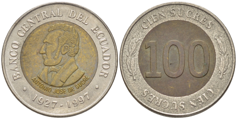 ЭКВАДОР 100 СУКРЕ 1997 АНТОНИО ХОСЕ де СУКРЕ, 70 ЛЕТ ЦЕНТРАЛЬНОМУ БАНКУ KM 101 биметалл 66-925