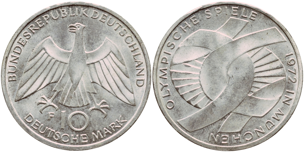 ФРГ 10 марок 1972 F, XX летние Олимпийские игры 1972 года в Мюнхене, символика KM 131, J.402 серебро aUNC 1522-345