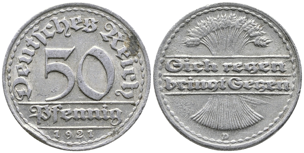 ГЕРМАНИЯ 50 ПФЕННИГОВ 1921 D KM 27, J. 301 алюминий 24-1021