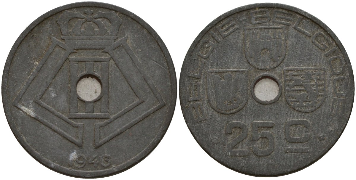 Бельгия 25 сантимов 1943 Belgie - Belgique, Леопольд III (1934-1947), германская оккупация, Вторая мировая война KM 132 цинк 4157-533