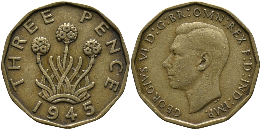 Великобритания 3 пенса 1945 Георг VI (1936-1952) KM 849, Spink 4112 никель латунь 72-445