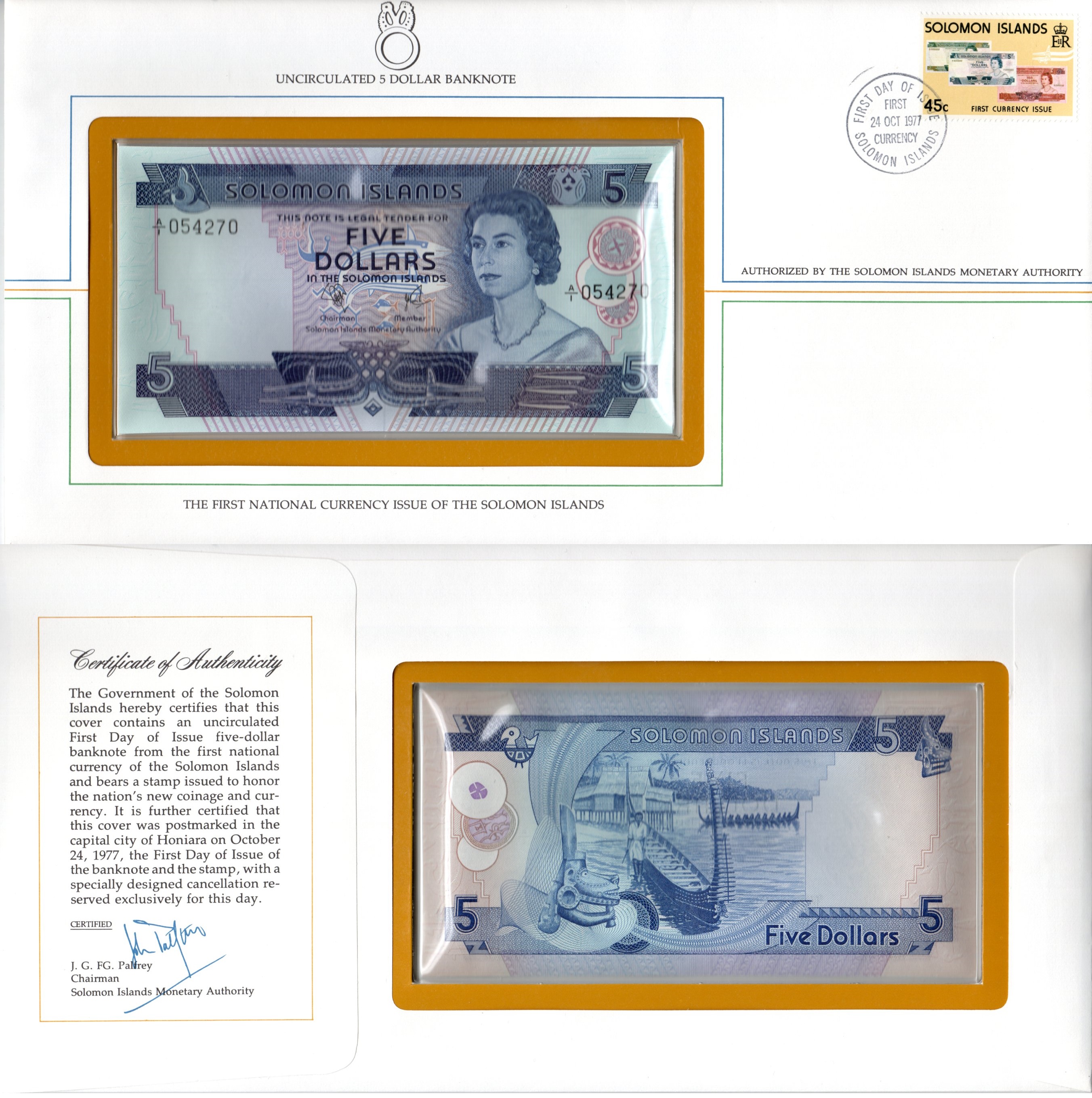 Соломоновы Острова набор "первый день выпуска" 1977 в комплект входит полный выпуск выходящих монет и банкнот в даном году - 7 монет (1, 2, 5, 10 и 20 центов; 1 и 5 долларов) и 3 банкноты (2, 5 и 10 долларов). 8-2-04-39