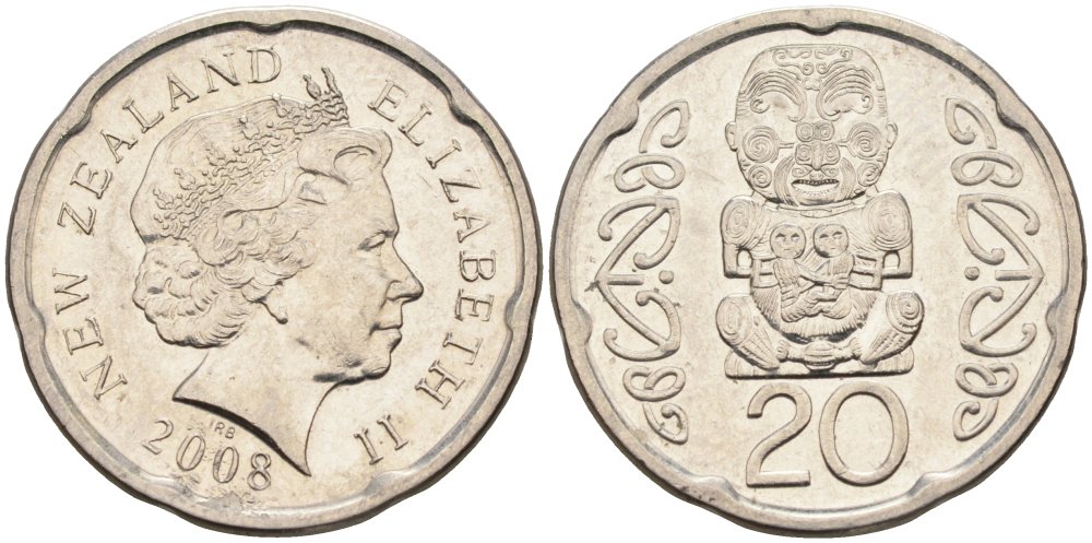 Новая Зеландия 20 центов 2008 Елизавета II (1952-2022), идол Пукаки KM 118а никелированная сталь 4579-1235