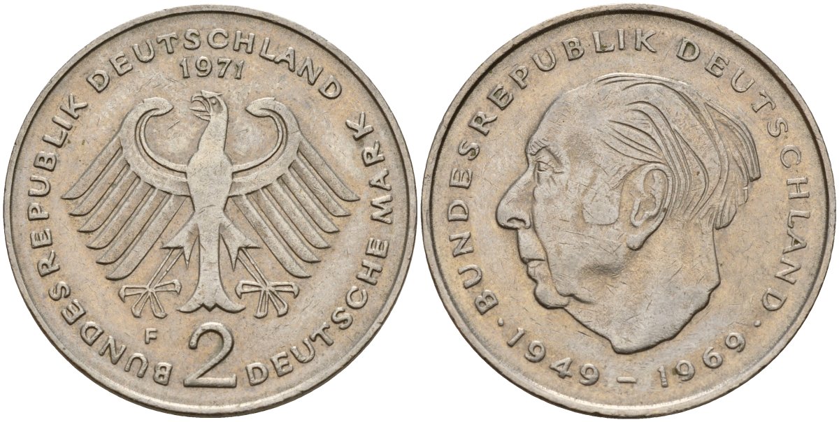 ФРГ 2 марки 1971 F, Конрад Аденауэр KM 124, J. 406 медно-никель 4159-1212