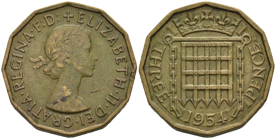 Великобритания 3 пенса 1954 Елизавета II (1952-2022) KM 900, Spink 4153 никель латунь 4561-1022