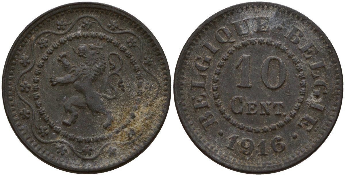 Бельгия 10 сантимов 1916 германская оккупация Первая мировая война, Альберт I (1910-1934) KM 81 цинк 4161-311