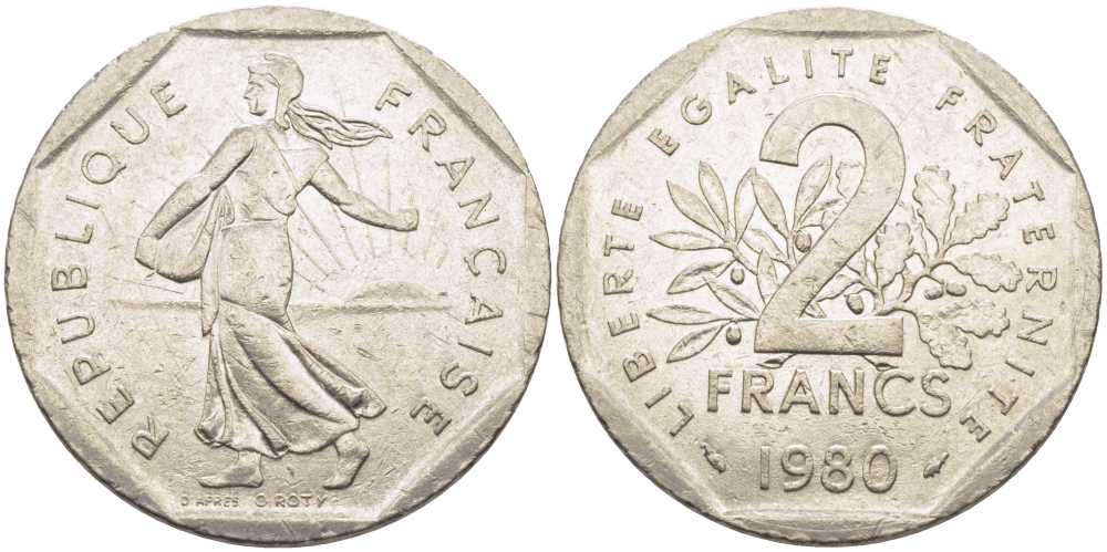 ФРАНЦИЯ 2 ФРАНКА 1980 СЕЯТЕЛЬ KM 942.1, LE FRANC 272.4 никель 111-1113