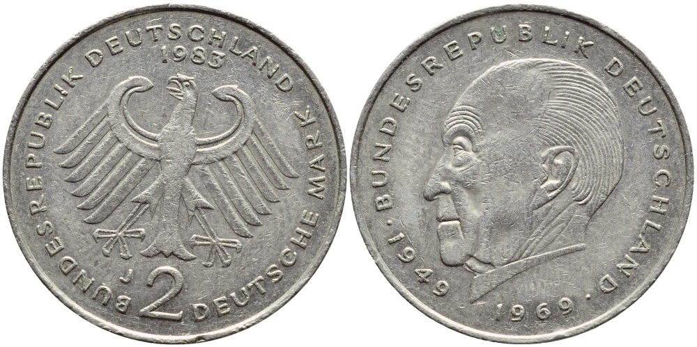 ФРГ 2 марки 1983 J, Конрад Аденауэр KM 124, J. 406 медно-никель плакированный никелем 4606-1156