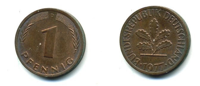 ФРГ 1 ПФЕННИГ 1977 D KM105, J.380 сталь плакированная медью 46-1726