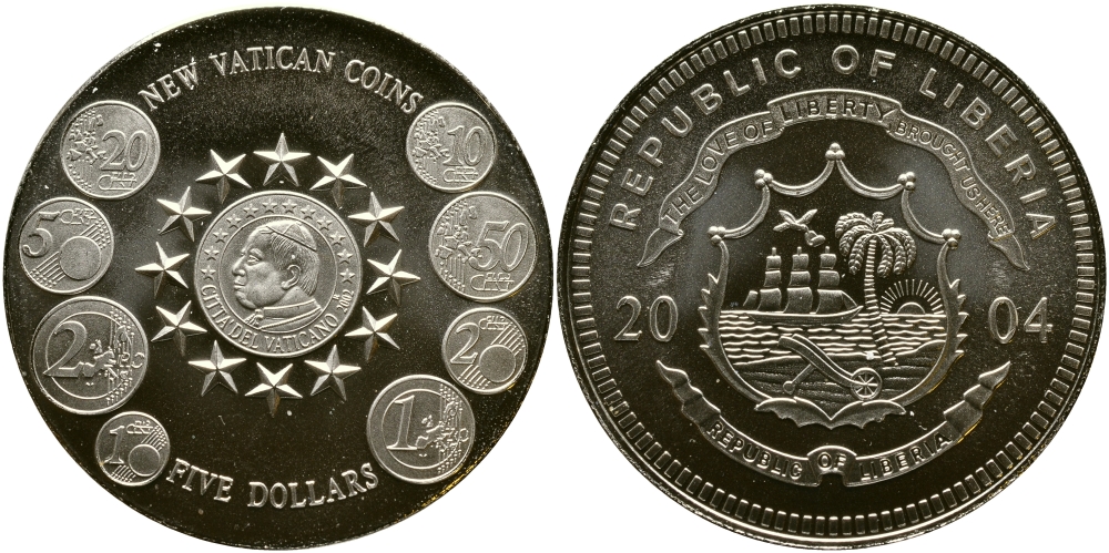 Либерия 5 долларов 2004 новые евромонеты Ватикана  медно-никель UNC 06-241-21