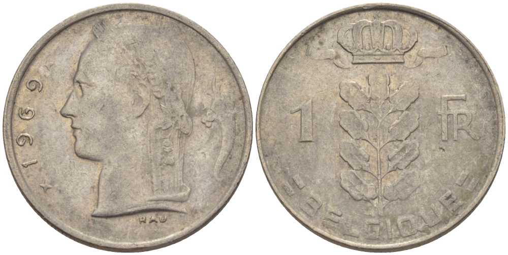 БЕЛЬГИЯ 1 ФРАНК 1969 BELGIQUE, БОДУЭН I (1951-1993) KM 142.1 медно-никель 202-1036