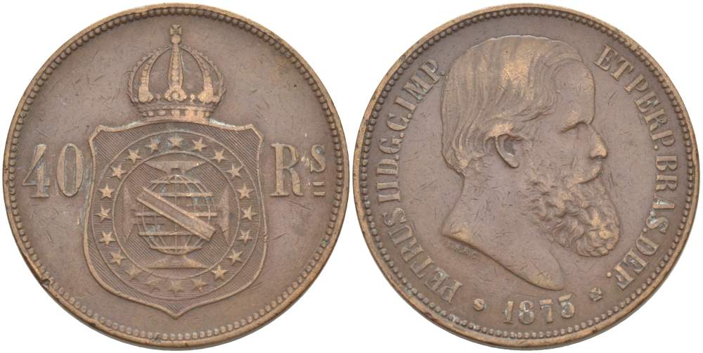 БРАЗИЛИЯ 40 РЕЙС 1873 ПЕДРО II (1831-1889) KM 479 бронза 4517-1144