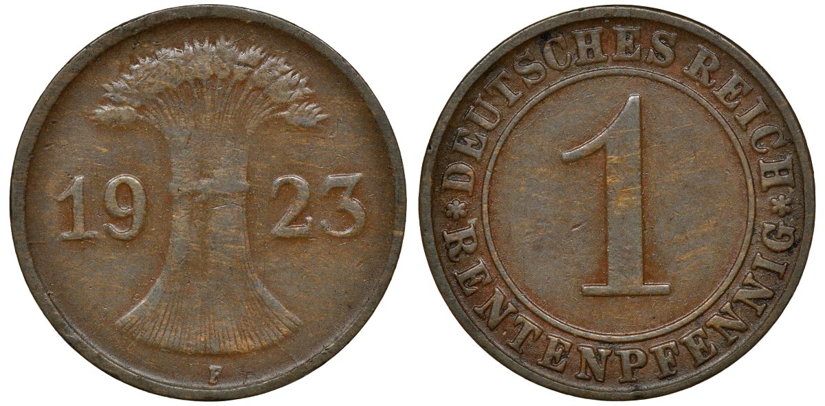 ГЕРМАНИЯ 1 РЕНТЕНПФЕННИГ 1923 F KM 30, J. 306 бронза 72-1121