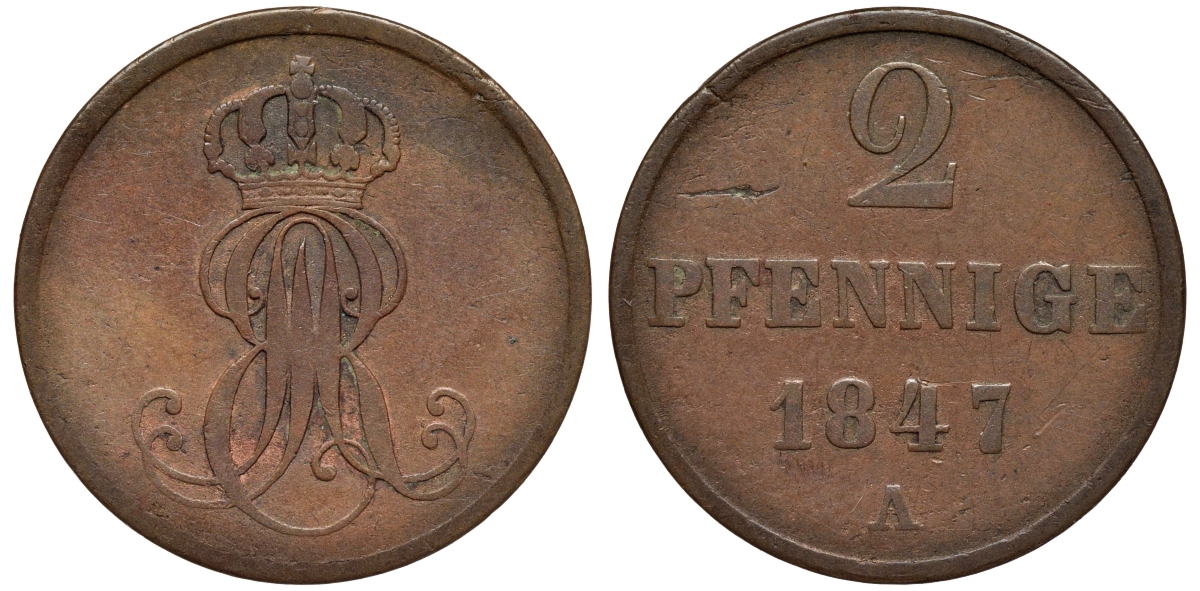 Ганновер 2 пфеннига 1847 A, Эрнст Август (1837-1851) KM 202.2, AKS 125, J. 75 медь 75-1913