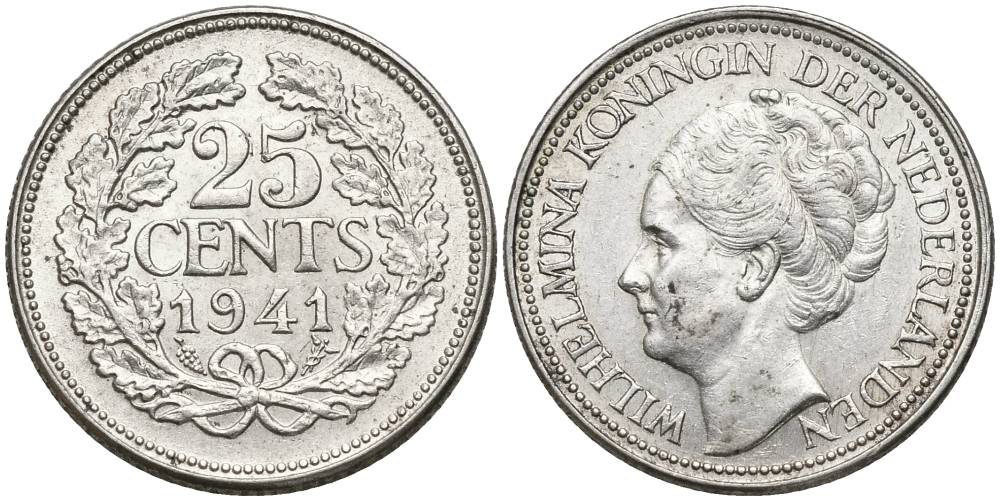 Нидерланды 25 центов 1941 Вильгельмина (1890-1948) KM 164 серебро 4549-1059