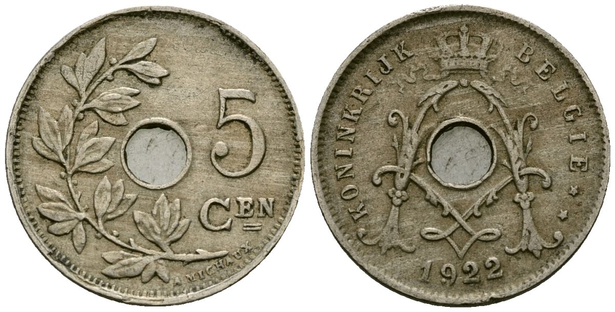 Бельгия 5 сантимов 1922 Belgie KM 67 медно-никель 4173-246