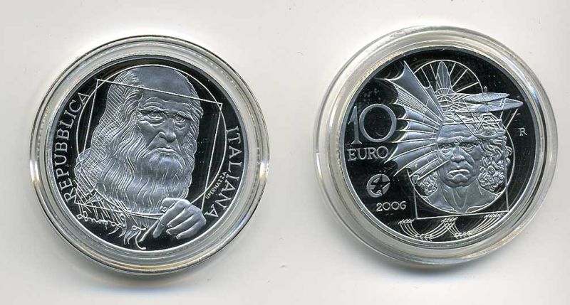 ИТАЛИЯ 10 ЕВРО 2006 ЛЕОНАРДО ДЕ ВИНЧИ серебро Ш3