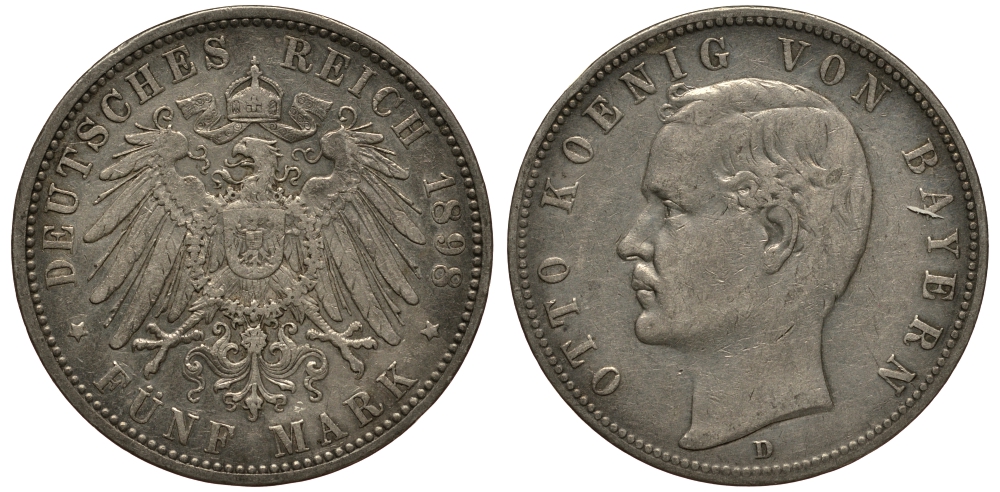Бавария 5 марок 1898 D, Отто (1886-1913) Weege 47, J. 46, KM 512.1 серебро 3711-1423