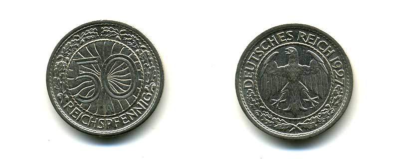 Германия 50 рейхспфеннигов 1927 A KM 49, J. 324 никель 179-614