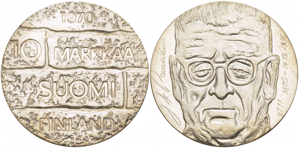 Финляндия 10 марок 1970 S-H, день рождения президента Юхо Паасикиви KM 51 серебро UNC 1515-1414