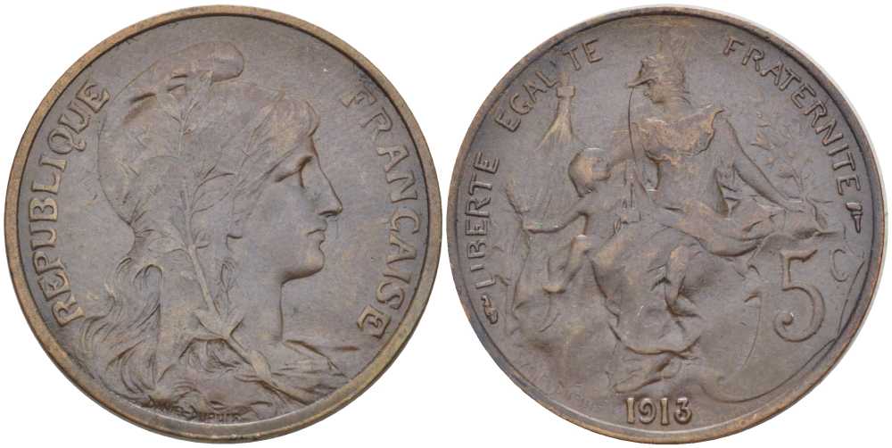 ФРАНЦИЯ 5 САНТИМОВ 1913 ТИП ДАНИЭЛЬ ДЮПЮИ KM 842, LE FRANC 119.25 бронза 202-112
