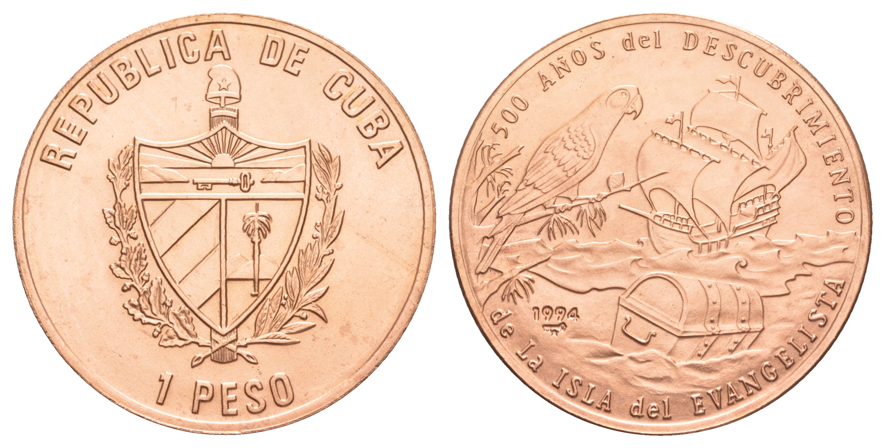 Куба 1 песо 1994 500 лет открытию острова Эвангелиста, клад пиратов KM 606 медь  UNC  00-00